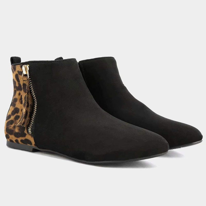 MaxMuxun Women's Ankle Boots Flat Low Heel Booties Ladies Quilted Fall Winter Fashion Boots with Side Zipper Leopard Faux Suede Size 6.5 - Image 4